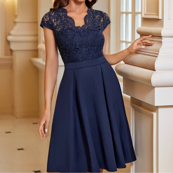 V-neck Contrast Lace A-Line Dress - Picture 1 of 3